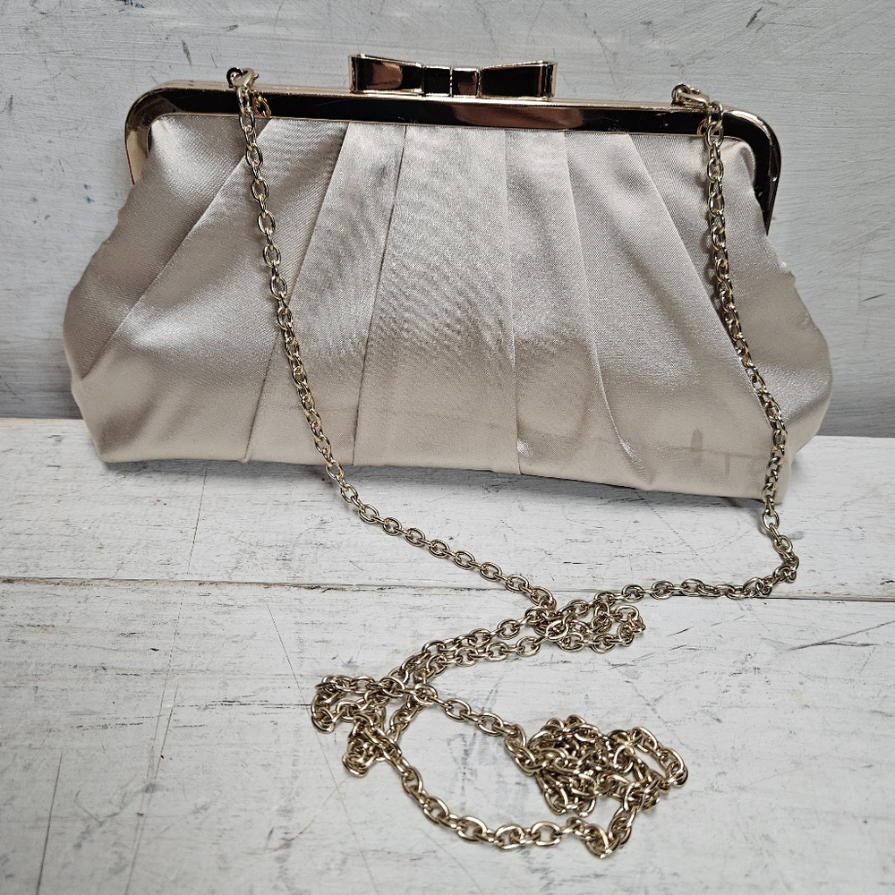 Satin Clutch Handbag w/ Bow Clasp & Shoulder Chain charming charlie RSVP